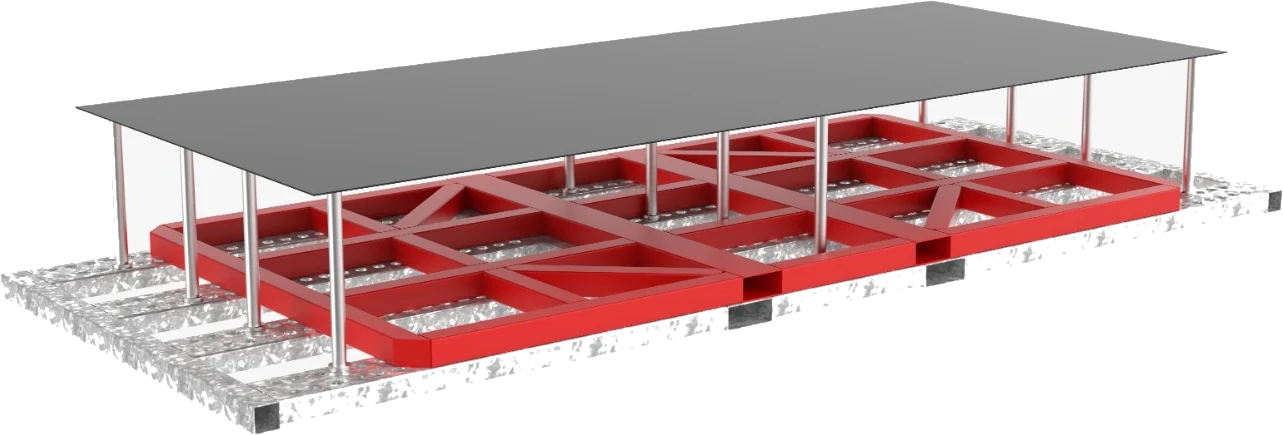 Close view of the D-PALL frame, its adjustable forks holding a sheet above the pallet below