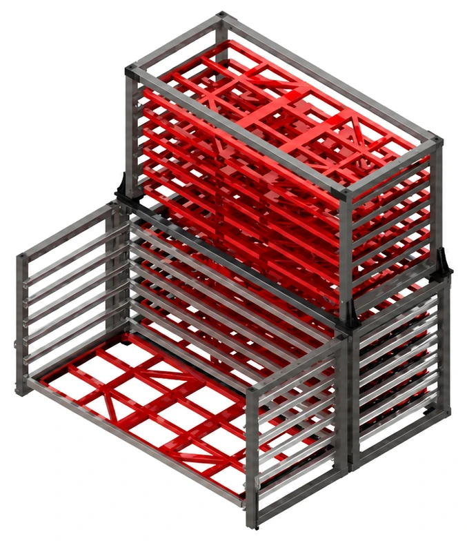 P-ROLL with one of the lower drawers rolled out into the aisle, the pallet carried on its wheeled adapter