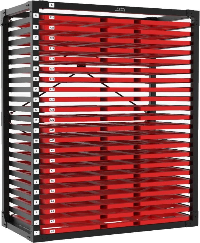 Three-quarter view of a P-RACK, showing the numbered slot column and the pallets in place
